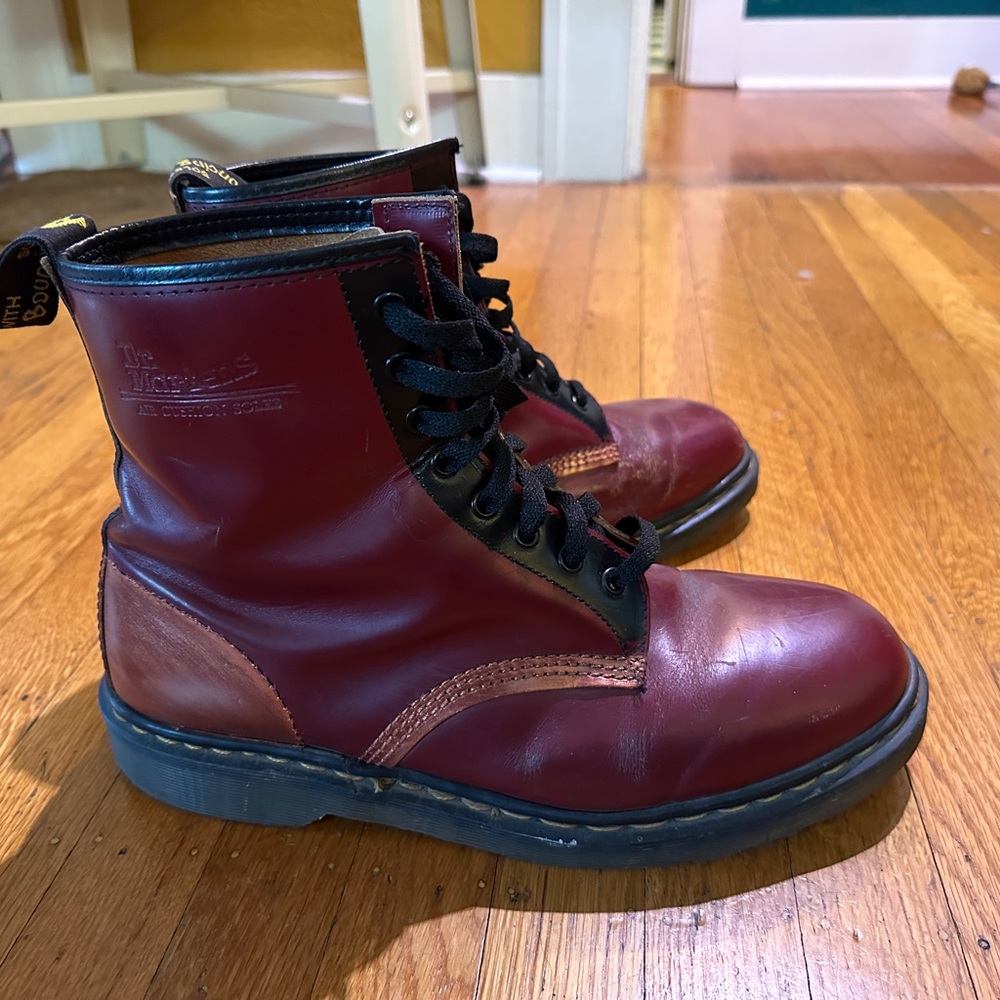 Dr Martens maroon boots, copper and black leather painted, men’s 12